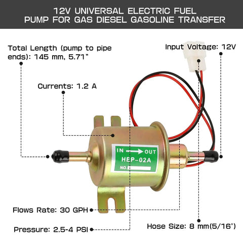 12V Inline Low-Pressure Fuel Pump Go-To Transfer Pump For Gasoline And Diesel Engines, Delivers 2.5 To 4 PSI, Easy Install