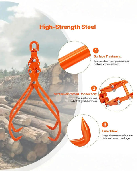 High-strength steel Four Claw Timber Log Grapple 31 Inch Opening 2205 Lbs Capacity For Tractors with orange finish in forest.