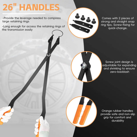 26in Internal Retaining Ring Pliers for GM Transmissions with long handles and orange rubber grips. Large snap ring pliers with straight tips.