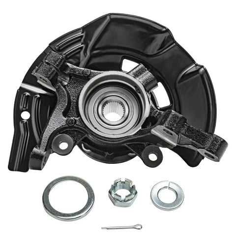 2 Front Steering Knuckles And Wheel Hub Bearing Assembly Kit For Hyundai Sonata 2011 2.0L Sport Suspension Replacement Direct Fit Includes Both Front Knuckles And Bearings Durable Steel Construction Perfect OEM Style Upgrade featuring a front view of the knuckle and bearing assembly with additional components visible.