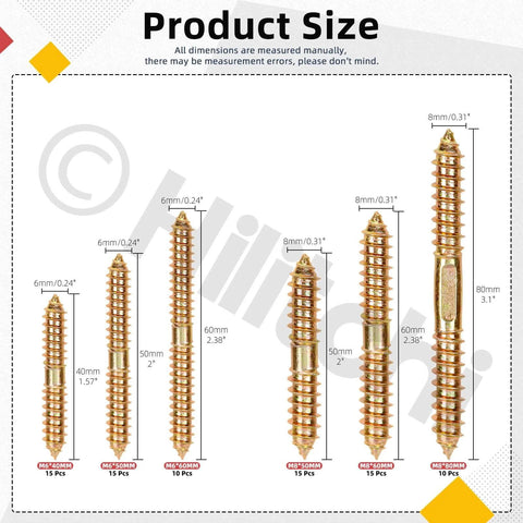 80Pcs 6 Sizes Double Ended Dowel Screws Set For Wood To Wood Joinery, Color Zinc Plated with various sizes displayed
