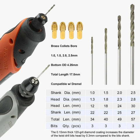 Diamond Drill Bit Set For Dremel Rotary Tools 12 Piece 1mm 1.5mm 2mm 2.5mm 3mm With 4 Brass Collets 120 Grit Pro Grade For Sea Glass Stones