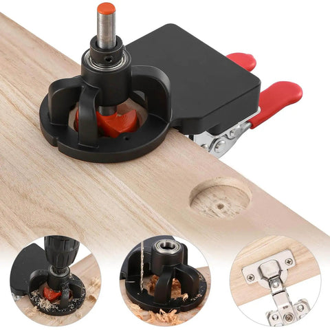 35mm Concealed Hinge Jig For Cabinets Aluminum Alloy Construction With 2 Quick Clamps displaying hinge hole drilling