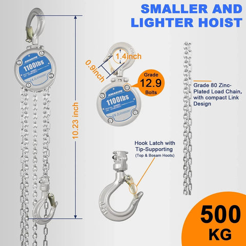 Industrial Mini Manual Chain Hoist With 1100 Lbs Capacity And 10 Foot Lift, compact design, heavy-duty chains and hooks displayed.