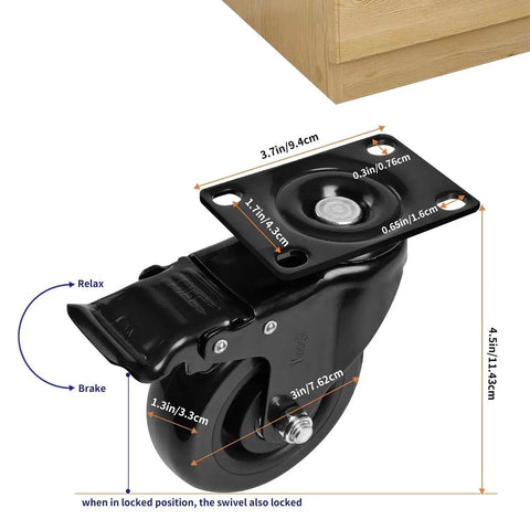 Beefy 3 Inch PVC Heavy Duty Swivel Caster Wheels Set Of 4 With Dual Locking Brakes Rubber Non Marking Polyurethane Wheels detail