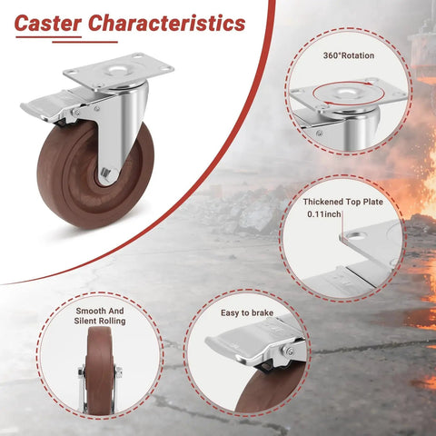 5 Inch Heavy Duty Casters Set Of 4 With Brakes 2400 Lbs Capacity High Temperature Glass Filled Nylon Wheels for Workbenches