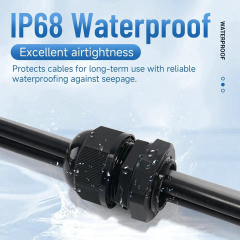 Waterproof Cable Gland Set showcasing IP68 airtight seal on black cable in outdoor setting