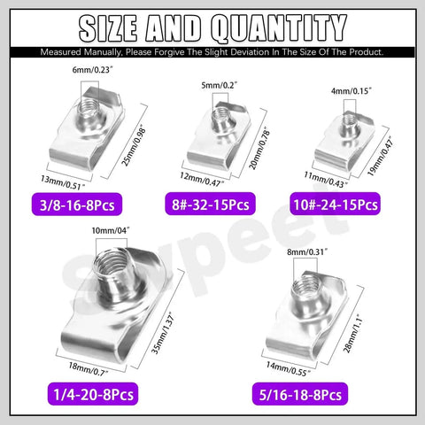 Diagram showing size and quantity details for Stainless Steel Auto U Clip Kit 50Pcs 5 Sizes U Nut Assortment With Storage Box