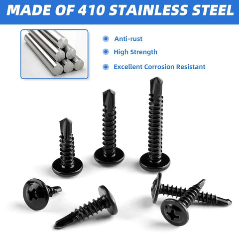 410 Stainless Steel Self Tapping Screws Self Drilling Sheet Metal Screws Black Oxide Assortment, shown with truss head design