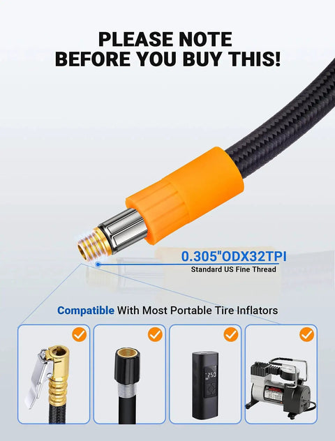 Close-up of LUMITECO orange tire inflator hose adapter with rotating nozzle and 0.305-inch US thread.