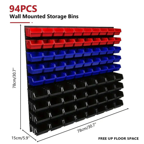 Wall Mounted Garage Storage Bin Kit 94 Piece Organization System With 32 Large Black Bins 30 Small Blue Bins 20 Small Red Bins