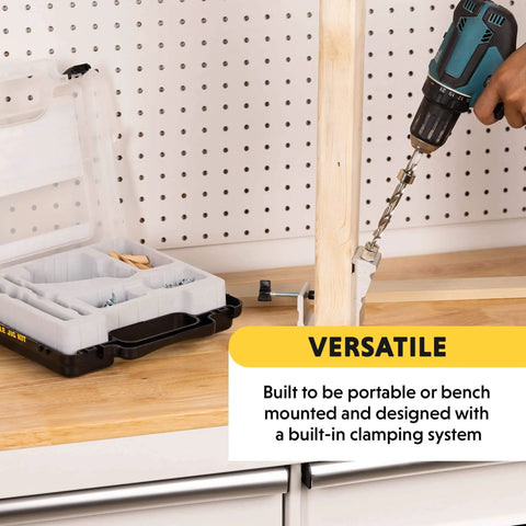 All In One Aluminum Pocket Hole Jig Kit With Carrying Case For Easy Corner And Angle Joints Face Frame Cabinets Leg And Rail Projects Do It Yourself Woodworking Made Simple With A Durable Pocket System For Quick Strong Joints, shown in use with drill and wood on workbench.