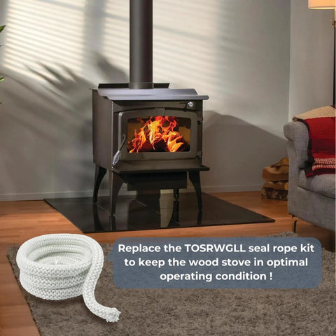 White braided wood stove door gasket rope, 10 ft coil for high-temperature seal, shown beside a wood stove.