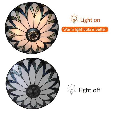 Vintage Stained Glass Ceiling Light 18-Inch Flush Mount Fixture With Bowl Shade on and off view