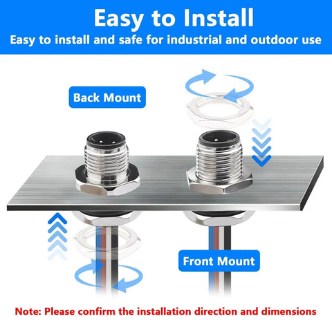 Installation of M12 4 Pin A Code Male Connector Cable 0.2M IP67 Waterproof Industrial Circular Back and Front Mount Options