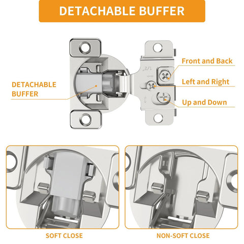Concealed cabinet hinge with detachable buffer for face-frame doors, satin nickel 1/2-inch overlay, soft-close