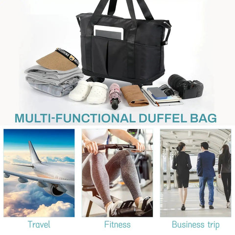 Rolling Duffle Bag With Wheels For Travel VOOWO Expandable Carry On Duffel displaying camera, clothes, and travel essentials.