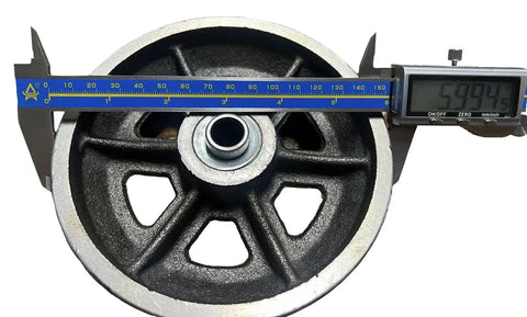 6 Inch Cast Iron V Groove Wheel For Sliding Gates with caliper measurement, showing 2 Inch Wide Profile and weldable steel box with needle bearings.