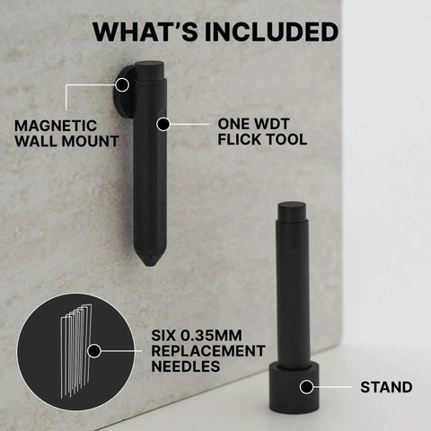 Subminimal Flick WDT espresso distribution tool mounted on a magnetic wall mount; black finish, six 0.35mm replacement needles and stand