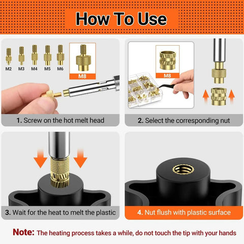 Instructional guide on using 60W Soldering Iron Pro Grade Heat Set Insert Tip Kit With 350 Thread Inserts for plastic materials