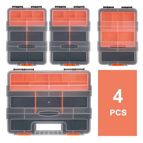 Four Piece Hardware And Parts Organizer Set With Tough Compartments In Multiple Sizes For Easy Tool Storage And Drawer Organization Built For Home Garage And Workshop Use in various configurations.