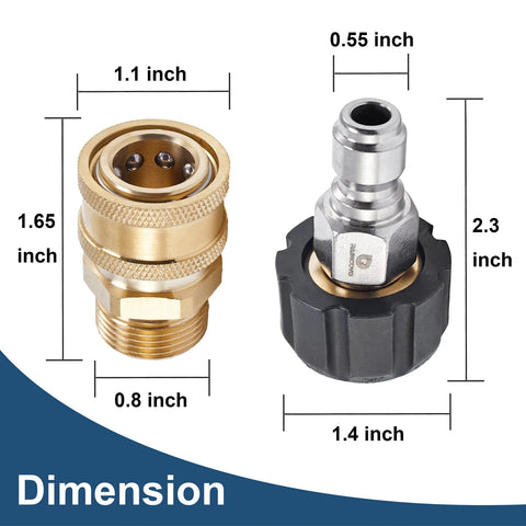Raincovo pressure washer quick-connect fittings; brass M22 14mm to 3/8 in hose adapter, two connectors on display