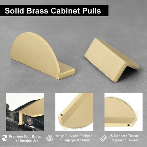 Solid Brass Cabinet Pulls 5 Pack Gold Half Moon Drawer Handles in Brushed Brass Finish, Front and Side Views, Durable Cupboard Hardware