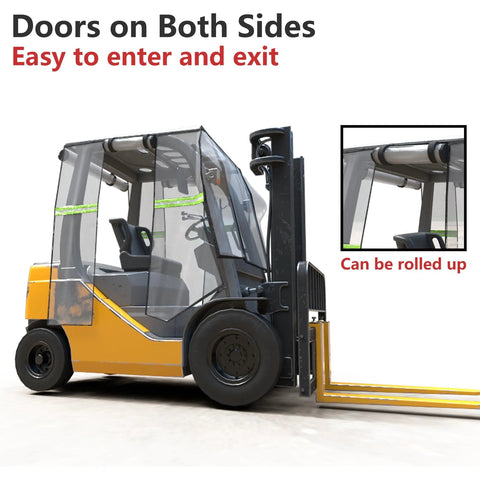 Transparent Forklift Cover Universal Fit Weather Resistant 6000 Lbs UV Shield on forklift with visible side entry