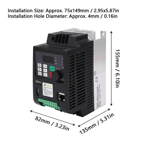 1.5KW VFD Variable Frequency Drive for CNC Spindle Motor Speed Control PLC PID Controller with Voltage Vector Control, dimensions shown
