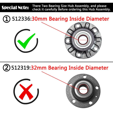 Comparison of rear wheel hub and bearing assemblies with 30mm and 32mm bearing inside diameters for FWD rides.