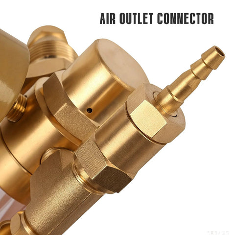 Close-up of the Argon CO2 TIG MIG Welding Gas Regulator and Flow Meter with CGA 580 Inlet showing gold air outlet connector