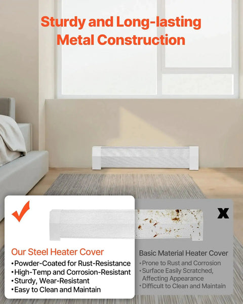 Living room with Beefy Heavy Duty 3 Ft Baseboard Heater Cover, white steel, showcasing sturdy construction, installed under window.