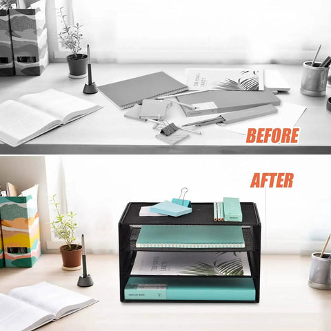 Before and after desk organization with Three Tier Mesh Desk Organizer Tray That Keeps Your Desk Neat For Files Folders And Mail Sorting