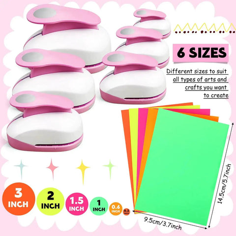 Dope 6 Piece Circle Punch Set For Scrapbooking And Crafts, includes pink punches in sizes 0.3 to 3 inches with colorful papers for DIY projects
