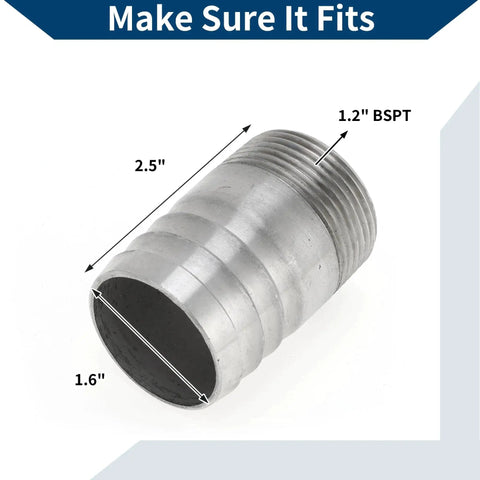 316 Stainless Steel Hose Barb Fittings I Shaped Male Thread Connector, 1.6in OD, 1.2in BSPT, silver tone, side view