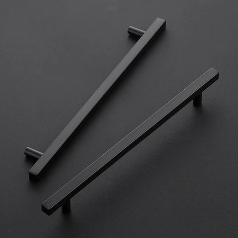 Matte Black 10 Inch Square Cabinet Pulls, 5 Pack, 12-1/2 Inch Overall Length on black background