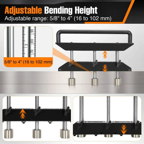 Adjustable bending height feature of Pro Grade Three Station Edge Roller Bender for roofing and sheet metal, 5/8" to 4" range.