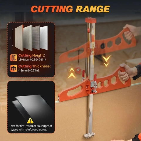 Foldable Drywall Cutter Tool For Home Renovation With Laser Etched Dual Scale Cuts One Quarter Inch, Three Eighths Inch, And One Half Inch Gypsum Board Portable Drywall Cutting Tool With Dual Positioning Red And Ten Replacement Blades in use cutting gypsum board.