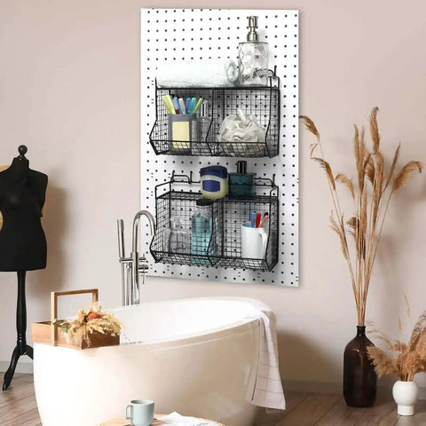 Bathroom with installed 2 Piece Tiered Pegboard Basket Set With 4 Hooks Black Pegboard Storage System for organization