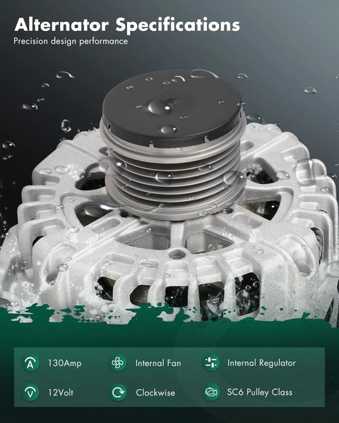 High Output 12V 130Amp Car Alternator With CW Pulley SC6 Drop-In Replacement For Chevrolet Cruze front view, showing specifications.