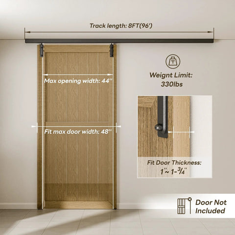 8 Foot Ceiling Mount Box Rail Barn Door Hardware Kit Heavy Duty Steel Sliding Track For Interior And Exterior Doors DIY Friendly Install No Door Included shown installed with measurements.