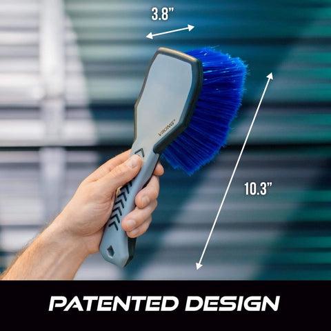 Ergonomic Wheel And Rim Cleaning Brush With Ultra Soft Bristles For Tires And Rims Rubber Lined Sides For A Firm Grip 10.3 Inch Length Gray Auto Detailing Tool held by hand