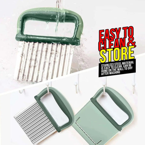 Two Pack Stainless Steel Wavy Crinkle Cutters For Veggies And Fries Durable Home Kitchen Tool hanging after wash