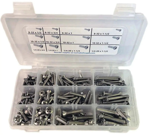 Heavy-Duty Type 316 Stainless Steel Phillips Oval Head Machine Screw Assortment Kit with 12 sizes in open storage box