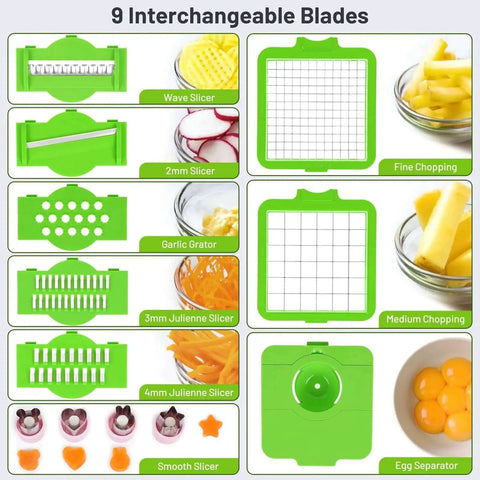 13 In 1 Veggie Chopper With Storage Container For Quick Prep Time Saver Onion Carrot Potato And Cucumber Chopping Salad Cutter And Multi Function Vegetable Cutter For Home Cooks Gift For Home Essentials Grey Green with nine green interchangeable blades for various chopping styles