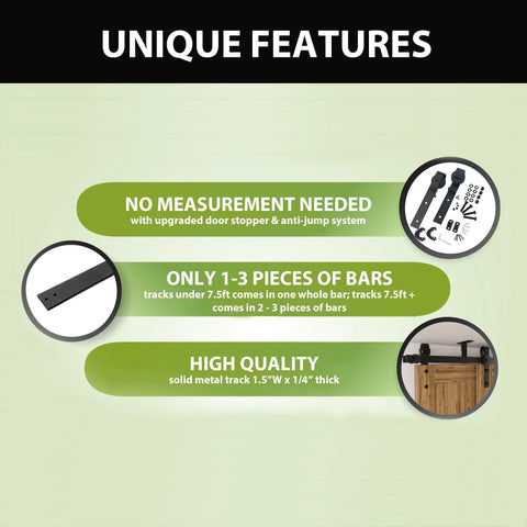 Infographic highlighting features of Black Rustic Ceiling Mount Double Track Bypass Sliding Barn Door Hardware Kit.