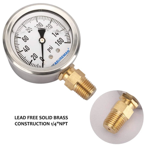 MeasureMan RV water pressure gauge, 0–160 psi, lead-free solid brass 1/4 NPT, stainless steel case.