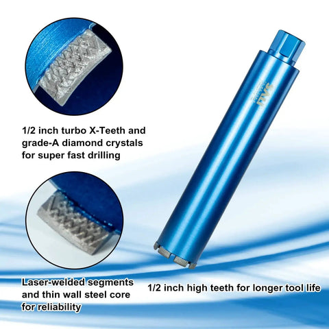 Heavy Duty Wet Diamond Core Drill Bit For Concrete And Masonry 3 Inch Diameter 15 Inch Drilling Depth Thread Size One And A Quarter To Seven Inches Turbo Laser Welded Segments For Rebar Brick Block Stone By SALI, blue drill bit with close-up of laser-welded segments