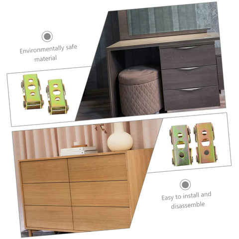 Furniture with metal connectors, desk with drawers, dresser setup, highlights on environmentally safe materials and easy installation.