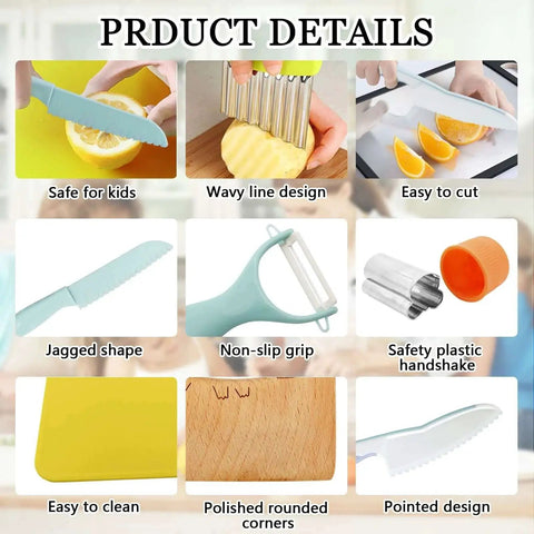 Product details of Blue Wooden Kids Knife Set 11 Pieces For Little Chefs Includes Wooden Knife Serrated Toddler Knives Crinkle Cutter